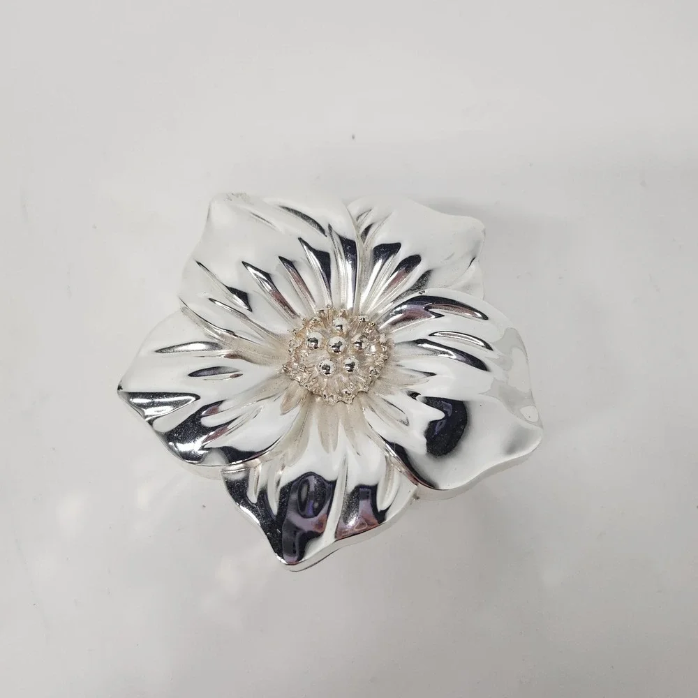 VTG Mirrored Silver Tone Metal Flower Jewelry Box Lidded For You Ease Only‎ Inc